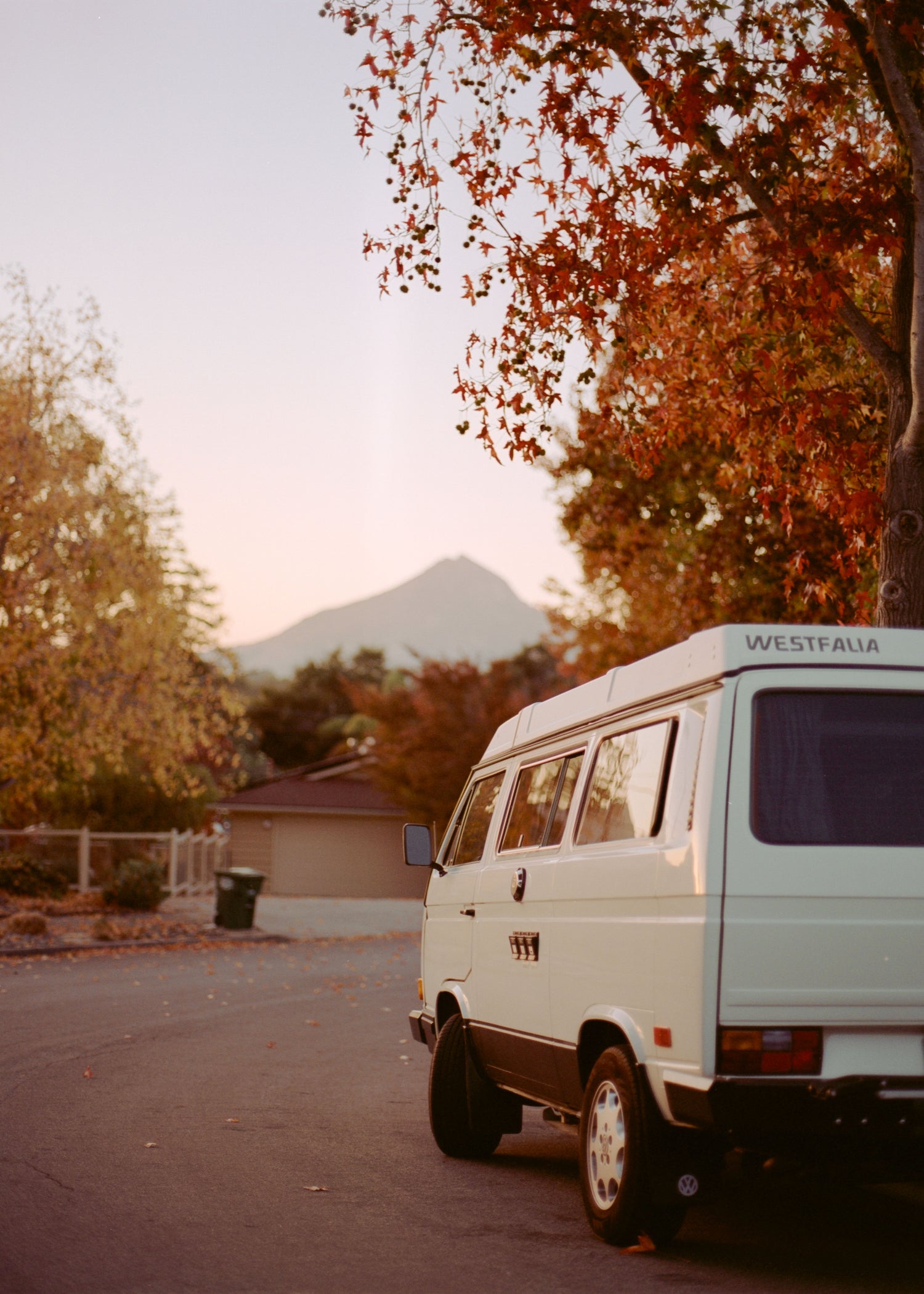 Westfalia van parked in San Luis Obispo with madona mountain in view